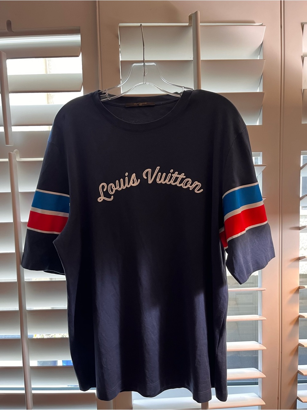 Louis Vuitton Navy Tee with Red & Blue Sleeve Stripes